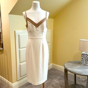 Classic and feminine! Black Halo Chantal Tweed Dress Pair with tan leather heels